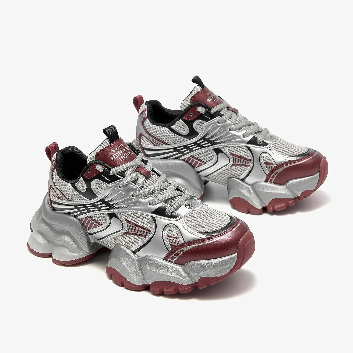 BEAU TODAY Chunky Sneakers for Women, Womens Fashion Sneakers, Lace Up Platform Leather Casual Walking Dad Shoes