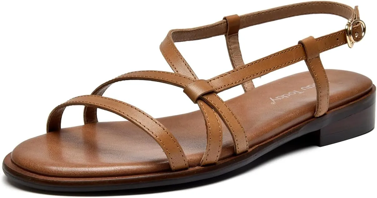 BEAU TODAY Flat Sandals for Women,Strappy Sandals for Women,Comfortable Leather Summer Sandals,Adjustable Casual Dressy Sandals with Open Toe for Vacation