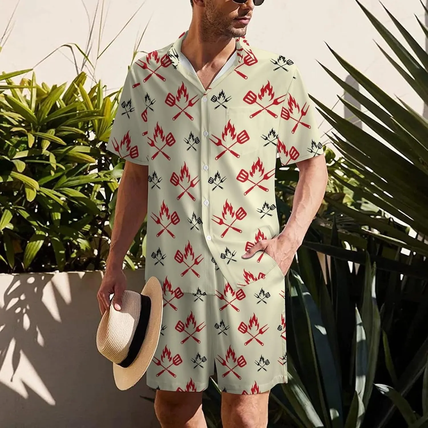 Beautiful Bbq GrillMen's Two-piece Casual Short-sleeved Shirt Summer Loose Vacation Suit