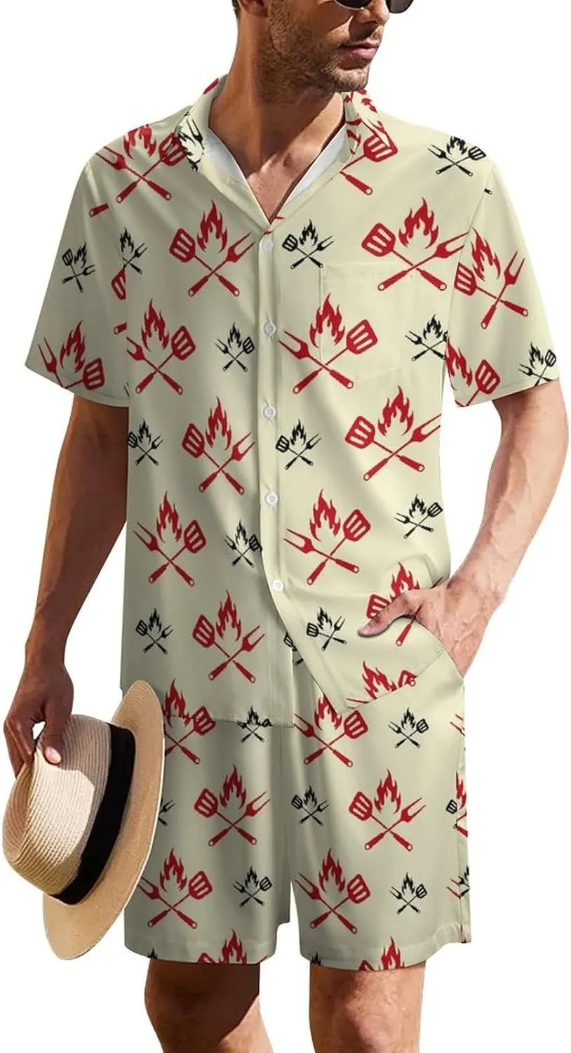 Beautiful Bbq GrillMen's Two-piece Casual Short-sleeved Shirt Summer Loose Vacation Suit
