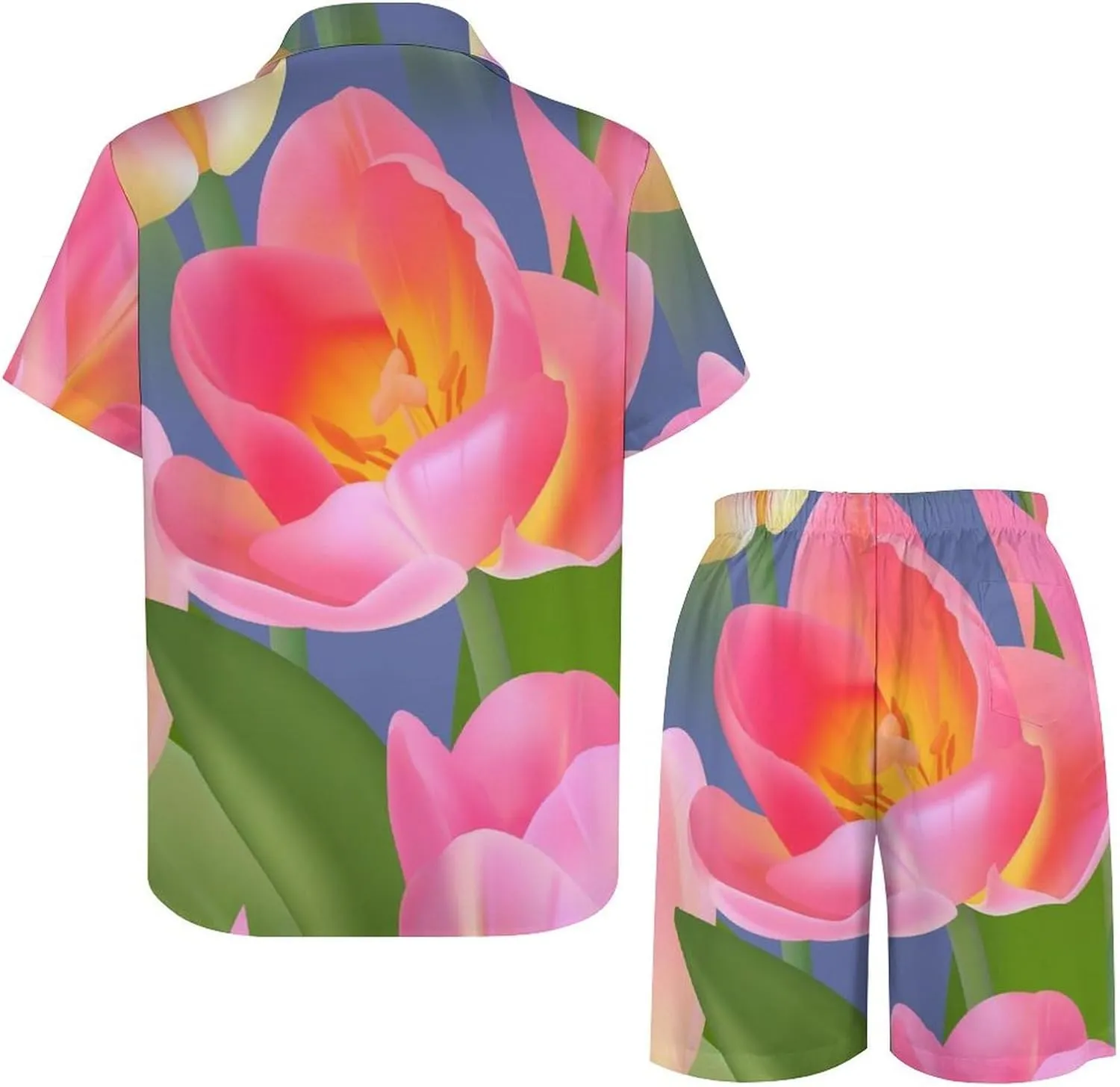 Beautiful Tulip with LeavesMen's Two-piece Casual Short-sleeved Shirt Summer Loose Vacation Suit