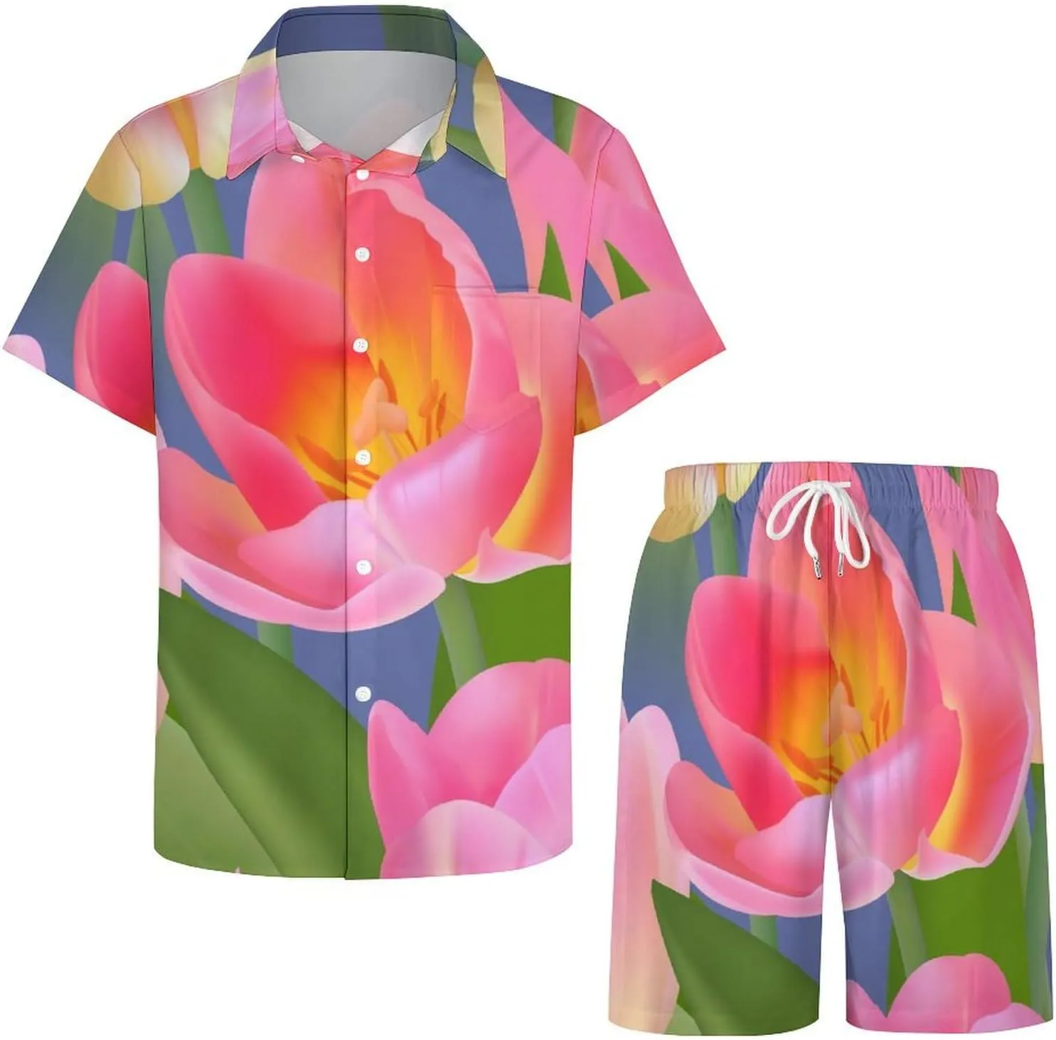 Beautiful Tulip with LeavesMen's Two-piece Casual Short-sleeved Shirt Summer Loose Vacation Suit