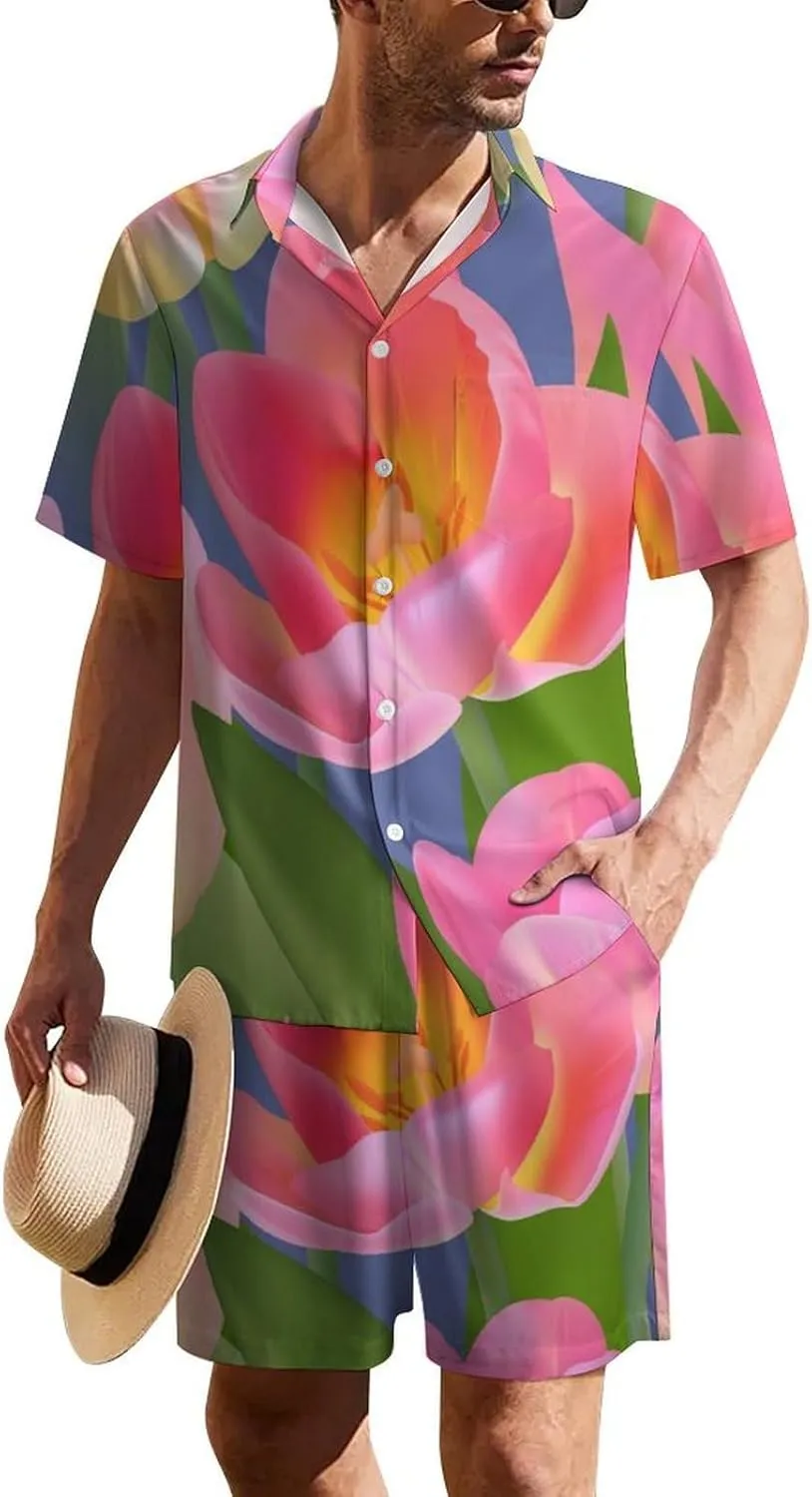 Beautiful Tulip with LeavesMen's Two-piece Casual Short-sleeved Shirt Summer Loose Vacation Suit