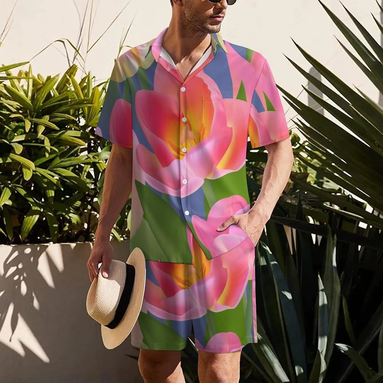 Beautiful Tulip with LeavesMen's Two-piece Casual Short-sleeved Shirt Summer Loose Vacation Suit