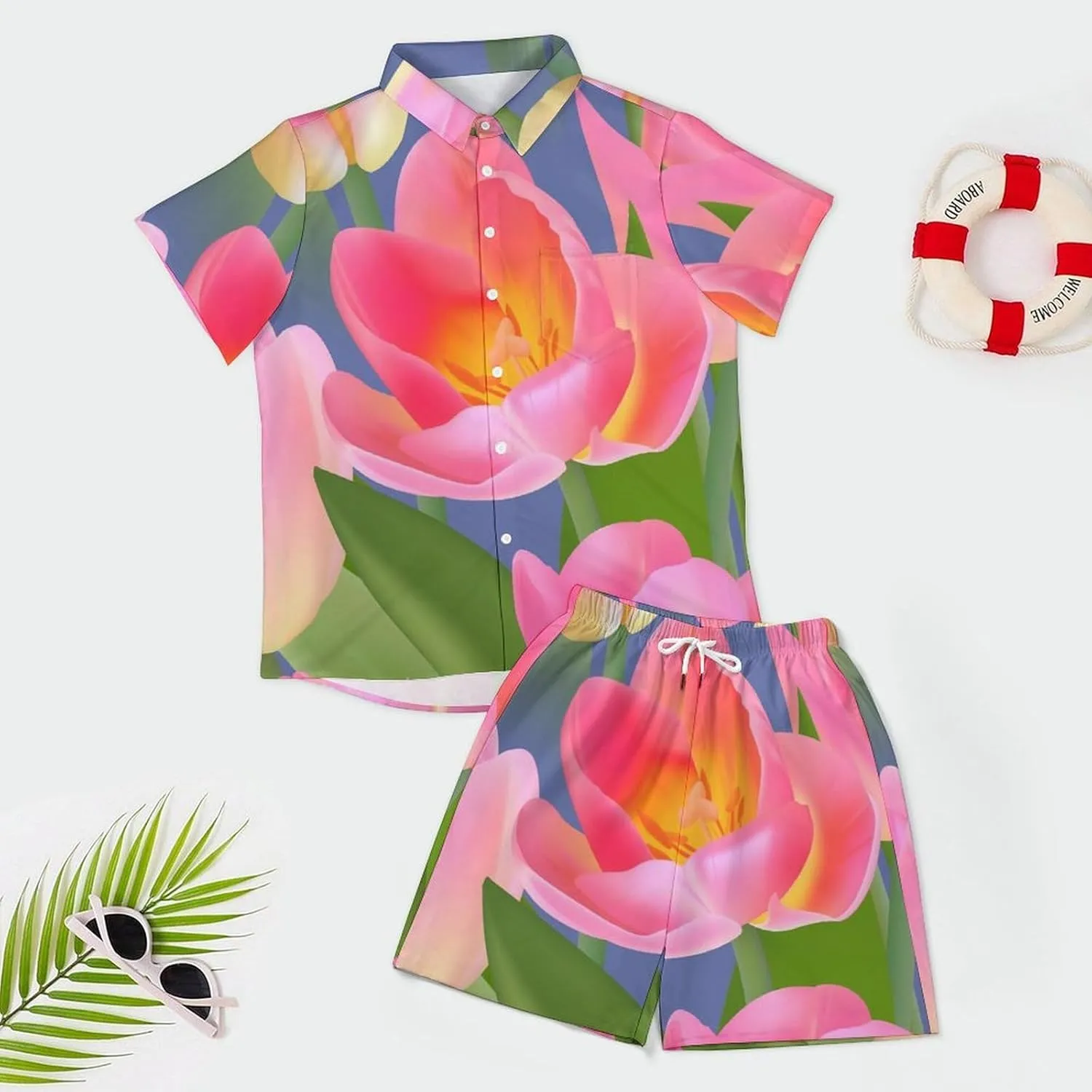 Beautiful Tulip with LeavesMen's Two-piece Casual Short-sleeved Shirt Summer Loose Vacation Suit