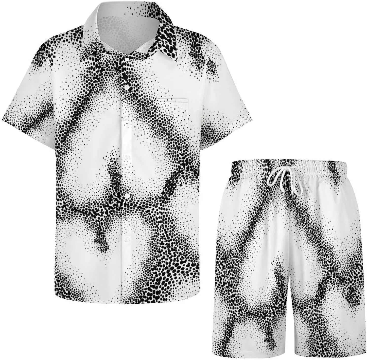 Black And White Dots HeartsMen's Two-piece Casual Short-sleeved Shirt Summer Loose Vacation Suit