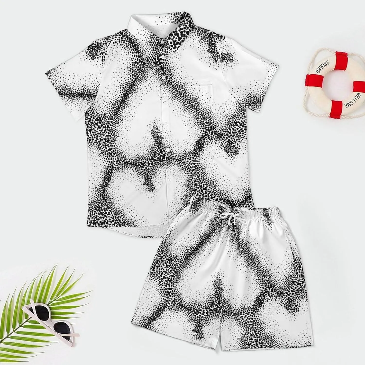 Black And White Dots HeartsMen's Two-piece Casual Short-sleeved Shirt Summer Loose Vacation Suit
