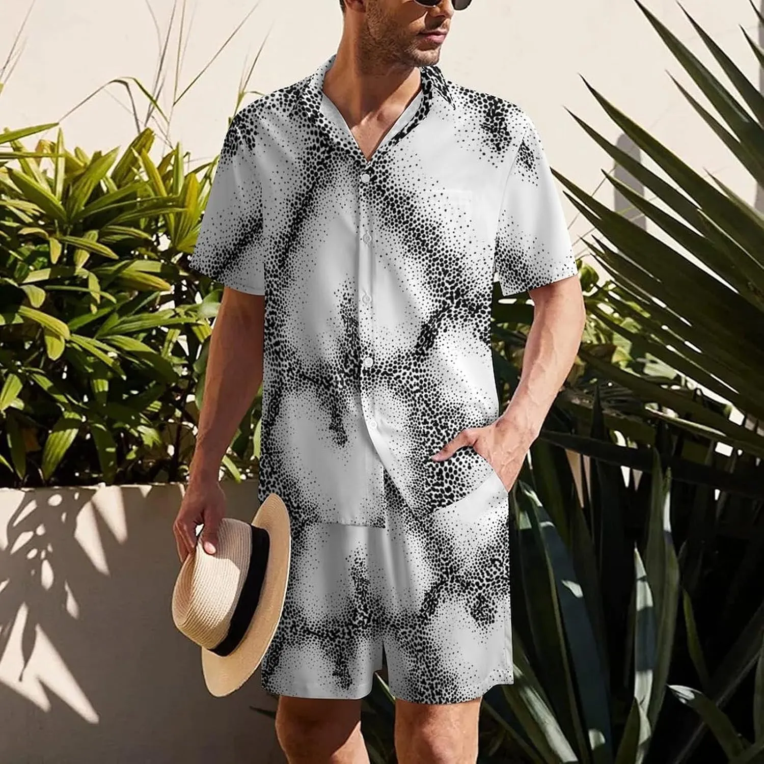 Black And White Dots HeartsMen's Two-piece Casual Short-sleeved Shirt Summer Loose Vacation Suit