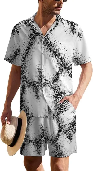 Black And White Dots HeartsMen's Two-piece Casual Short-sleeved Shirt Summer Loose Vacation Suit
