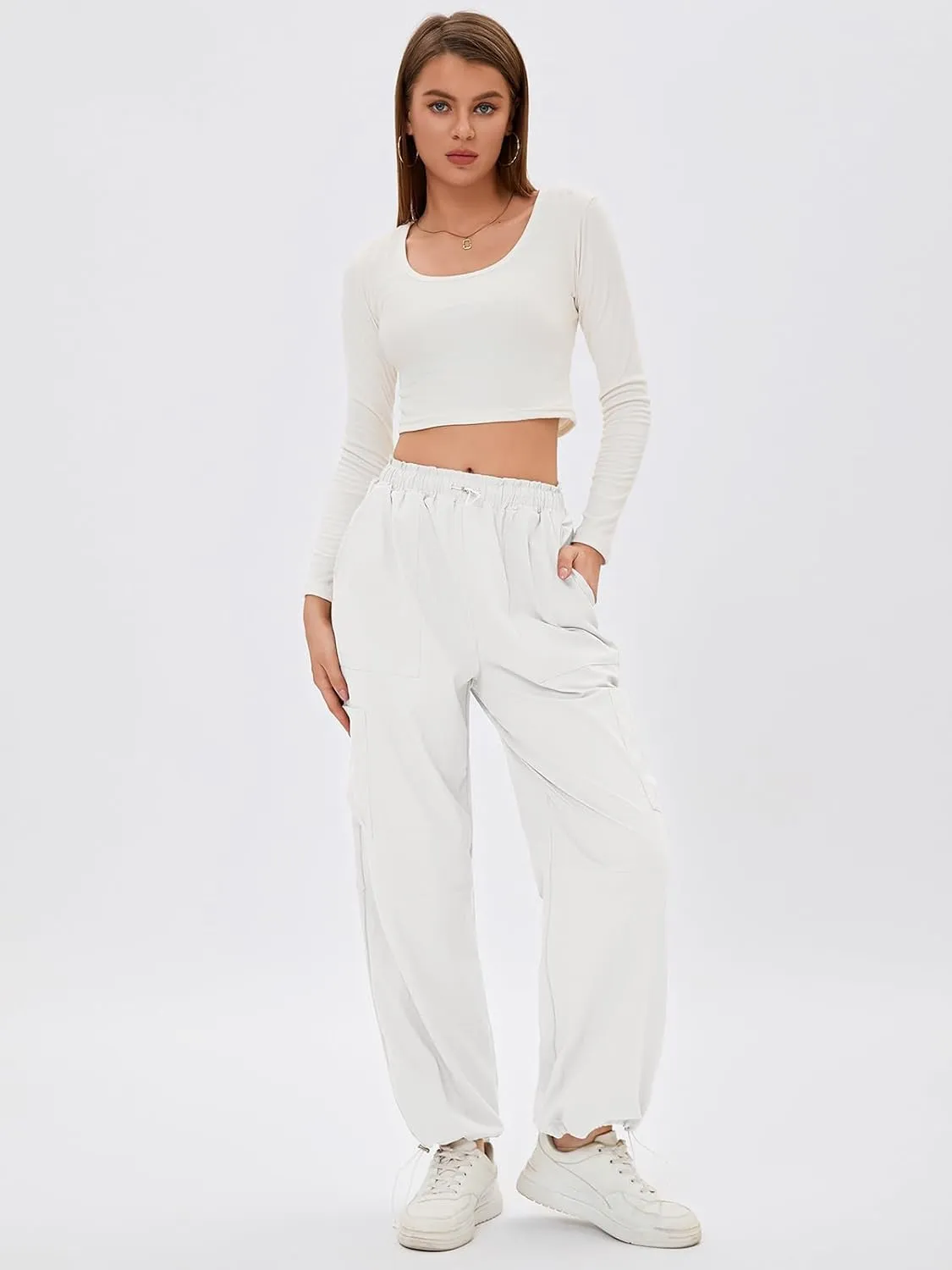 Bloggerlove Womens Cargo Pants Wide Leg Jogger Y2K Parachute Drawstring Waist Casual Baggy Pant with Pockets Trendy