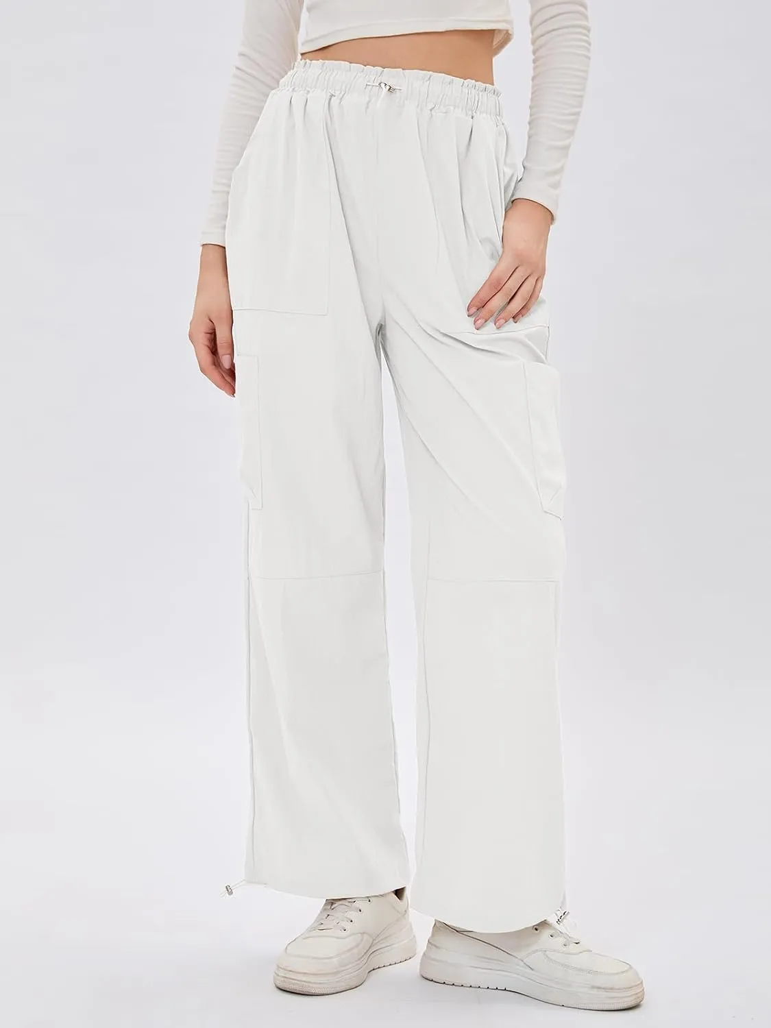 Bloggerlove Womens Cargo Pants Wide Leg Jogger Y2K Parachute Drawstring Waist Casual Baggy Pant with Pockets Trendy