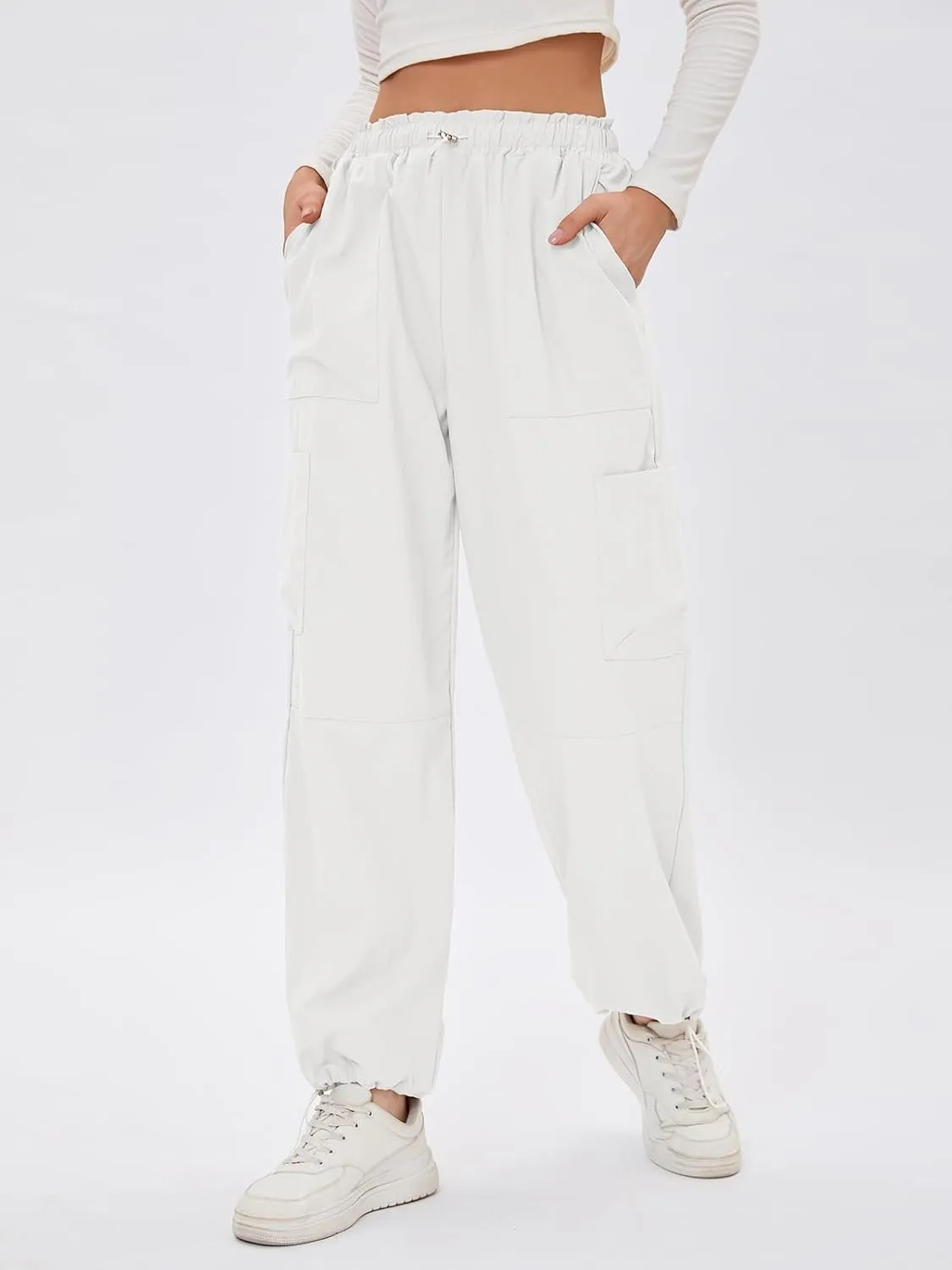 Bloggerlove Womens Cargo Pants Wide Leg Jogger Y2K Parachute Drawstring Waist Casual Baggy Pant with Pockets Trendy