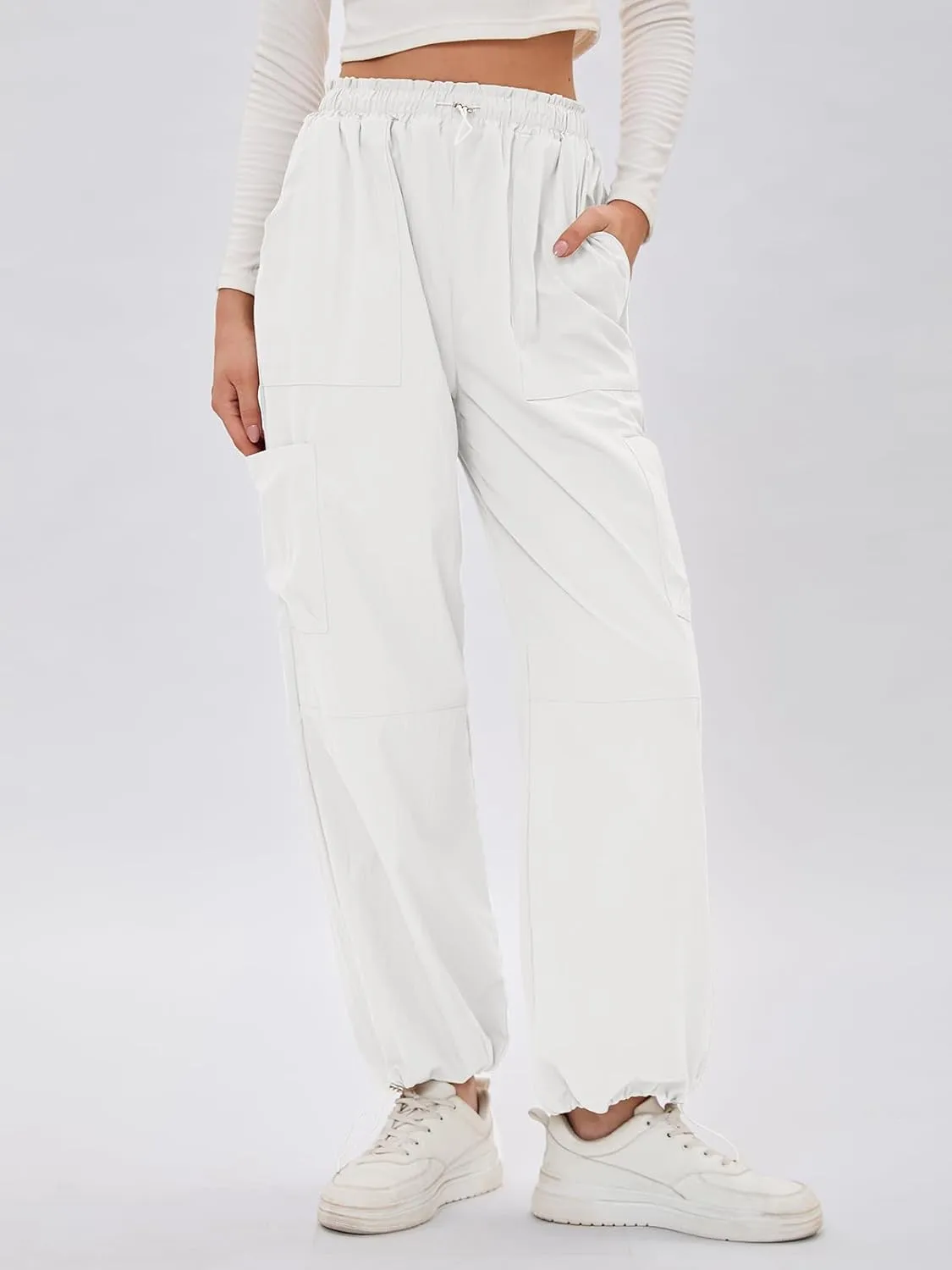 Bloggerlove Womens Cargo Pants Wide Leg Jogger Y2K Parachute Drawstring Waist Casual Baggy Pant with Pockets Trendy