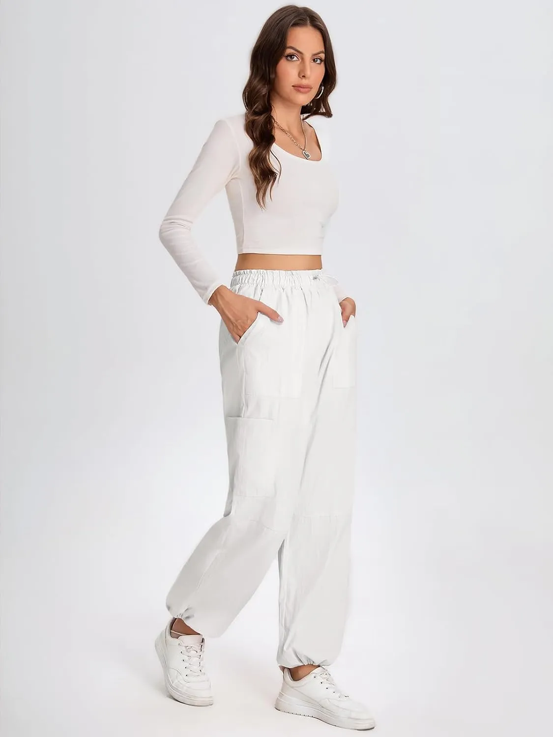 Bloggerlove Womens Cargo Pants Wide Leg Jogger Y2K Parachute Drawstring Waist Casual Baggy Pant with Pockets Trendy