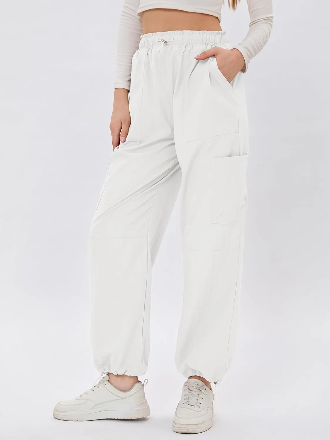 Bloggerlove Womens Cargo Pants Wide Leg Jogger Y2K Parachute Drawstring Waist Casual Baggy Pant with Pockets Trendy