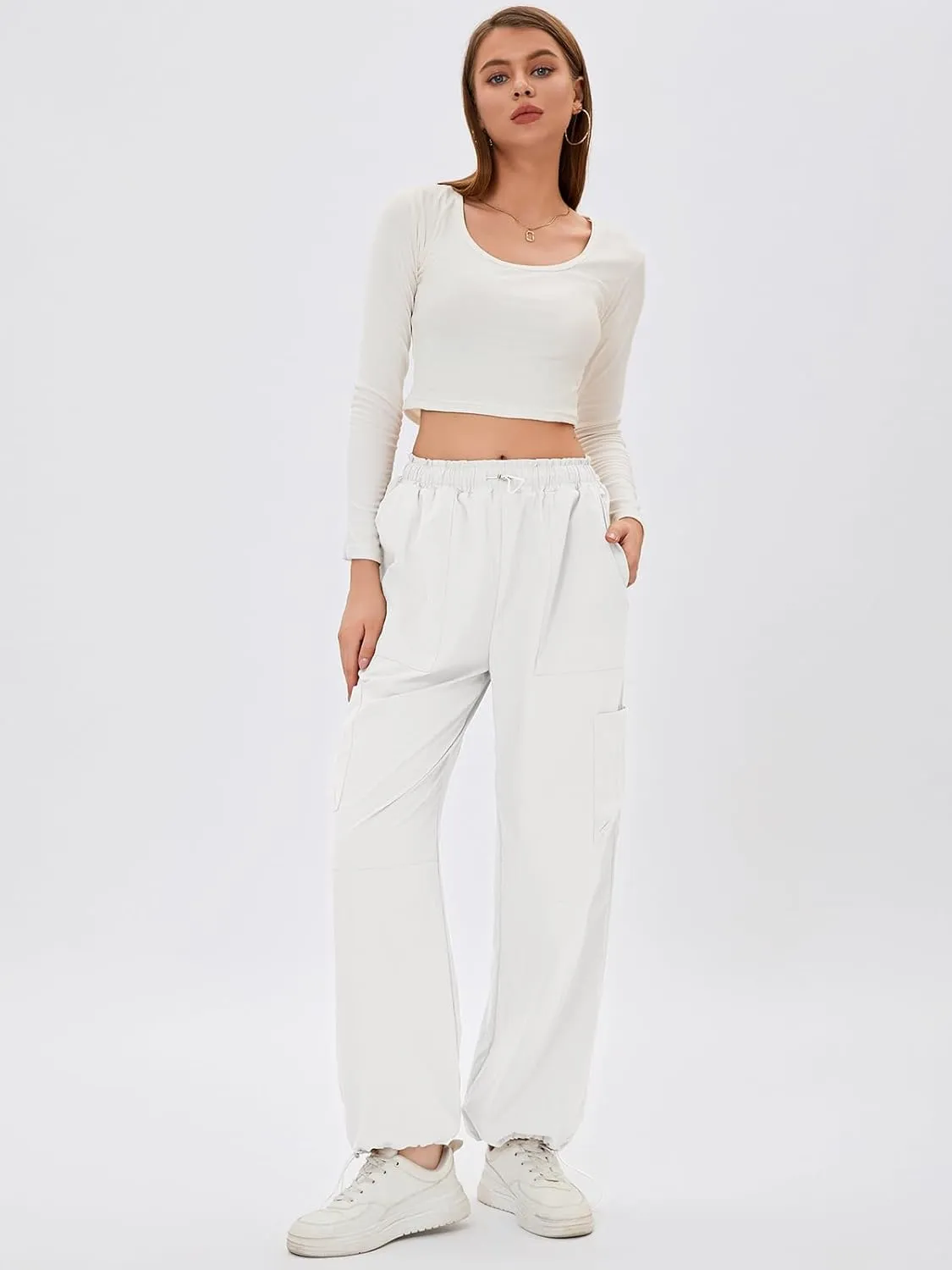 Bloggerlove Womens Cargo Pants Wide Leg Jogger Y2K Parachute Drawstring Waist Casual Baggy Pant with Pockets Trendy