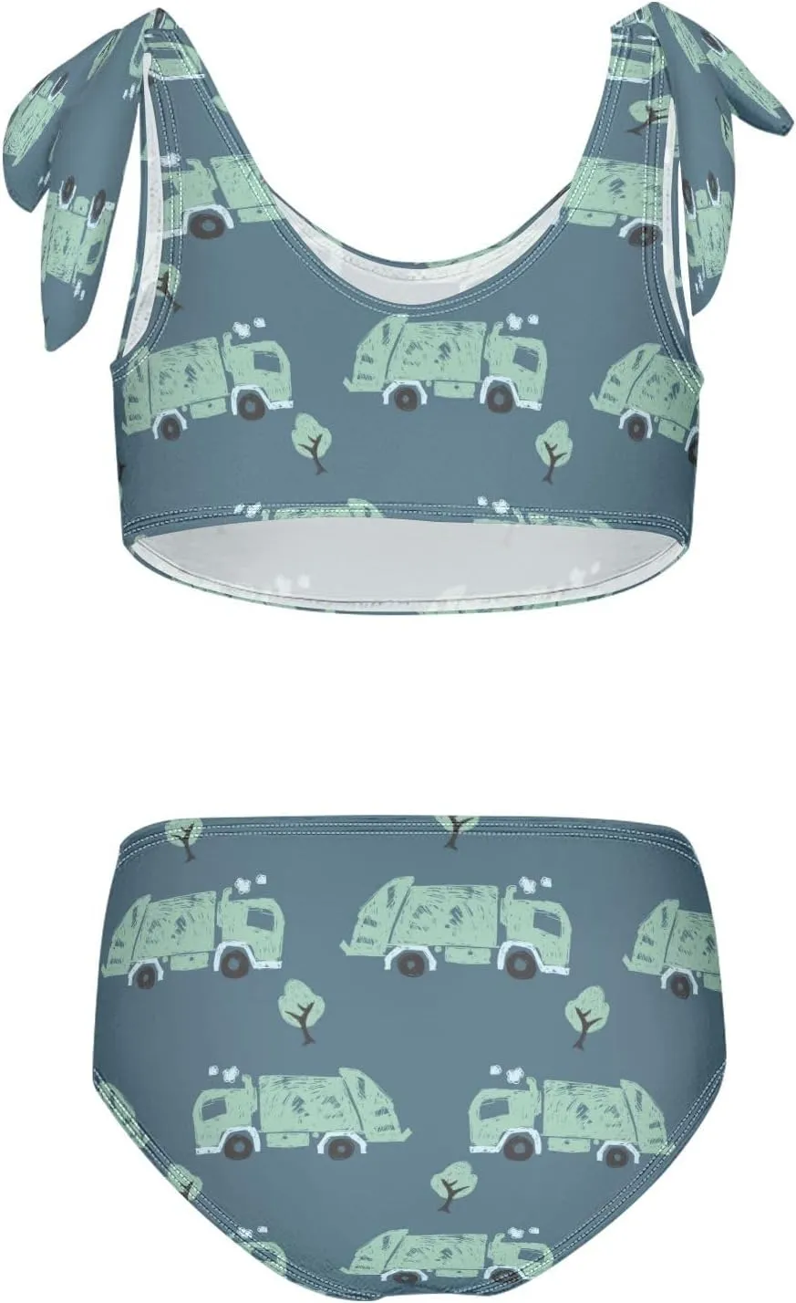 Boccsty Blue Green Garbage Trucks Girls Tankini Swimsuit Kids Bikini Sets 2 Pcs Bathing Suit for 3T