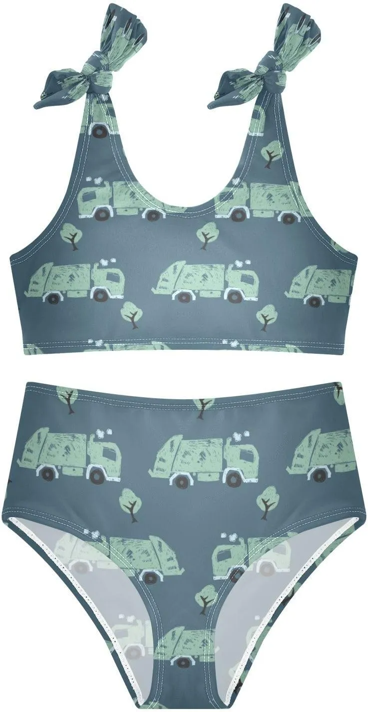 Boccsty Blue Green Garbage Trucks Girls Tankini Swimsuit Kids Bikini Sets 2 Pcs Bathing Suit for 3T