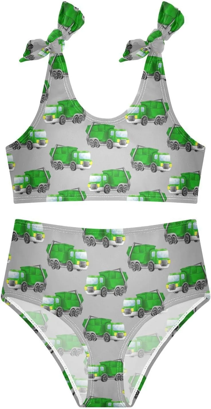Boccsty Green Garbage Trucks Car Girls Tankini Swimsuit Kids Bikini Sets 2 Pcs Bathing Suit for 3T