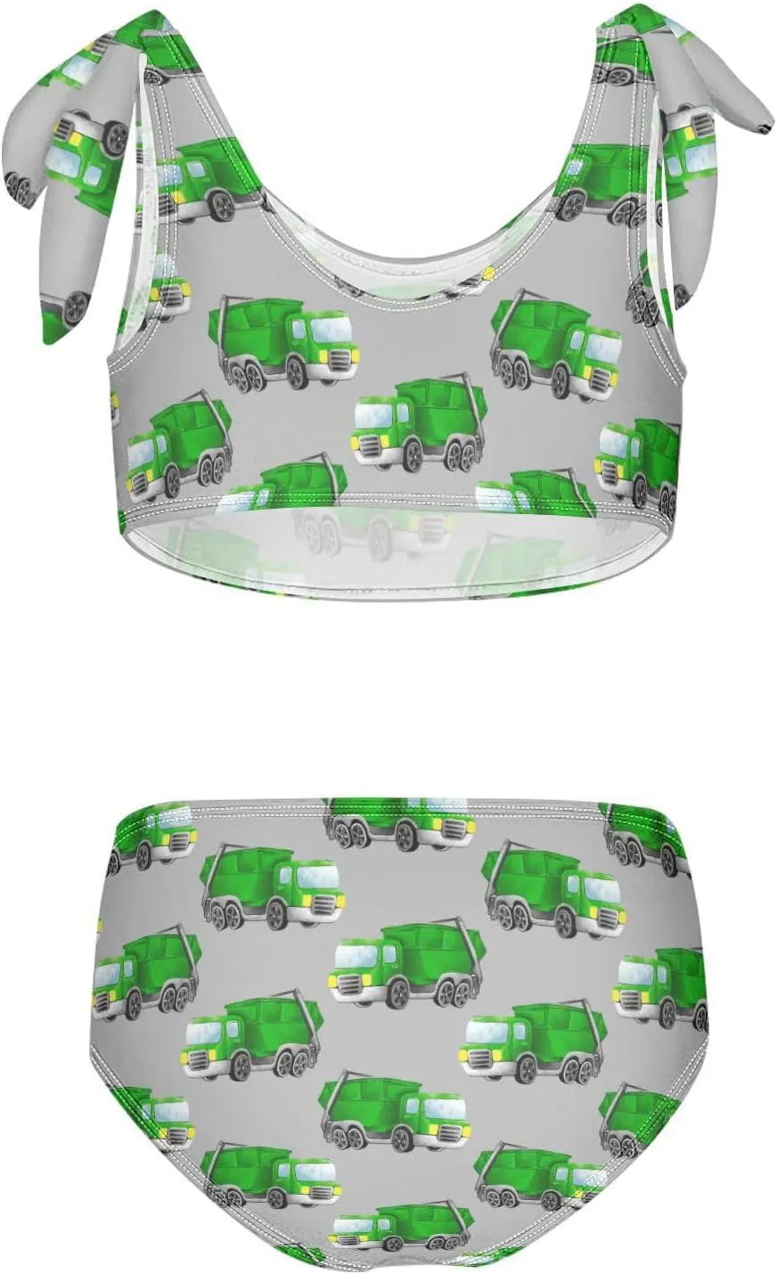 Boccsty Green Garbage Trucks Car Girls Tankini Swimsuit Kids Bikini Sets 2 Pcs Bathing Suit for 3T