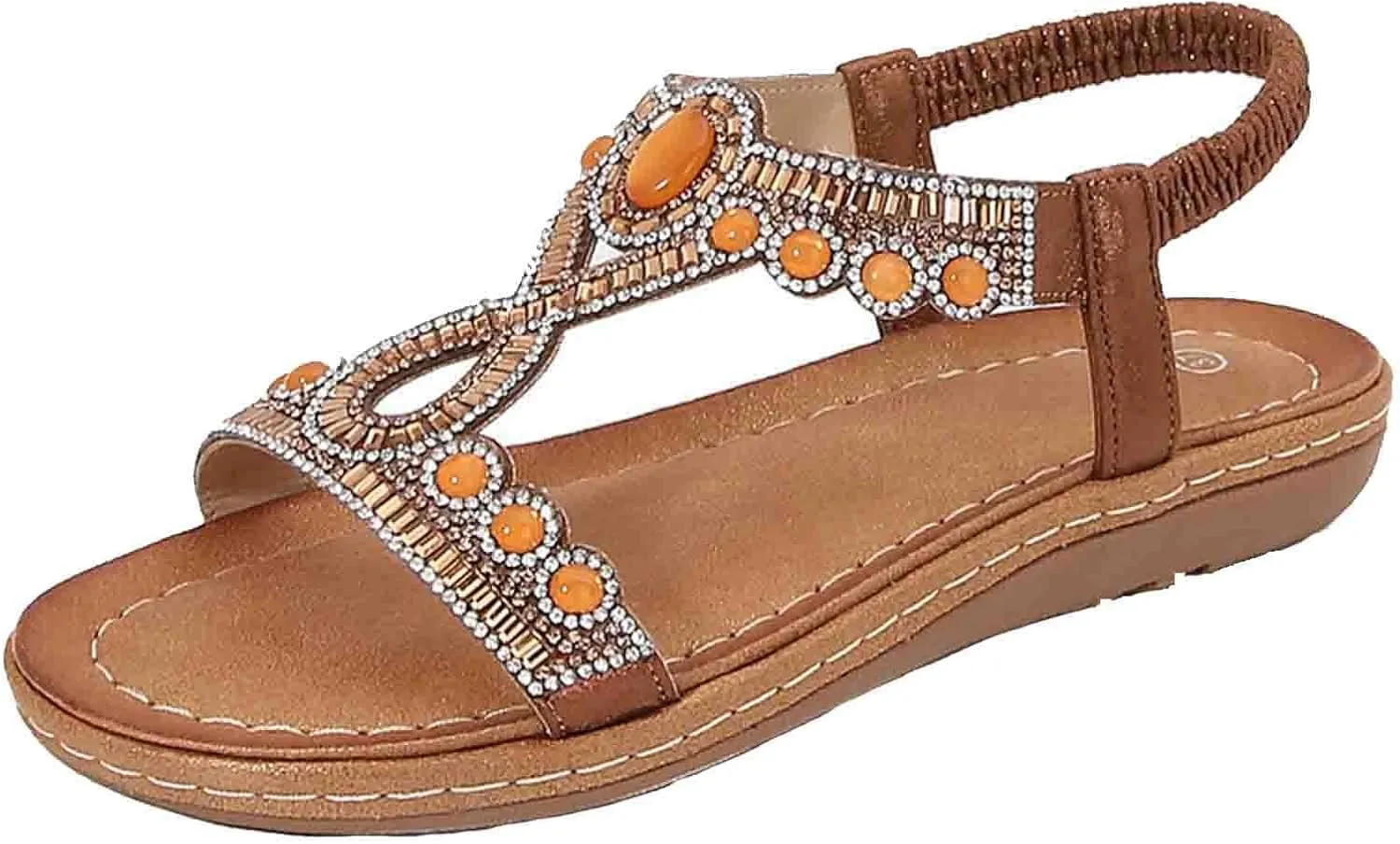 Bohemian Sandals for Women T-Strap Beaded Flower Rhinestone Flat Sandal Dress Beach Shoes Hiking Workout Shoe Summer Y2K Dressy
