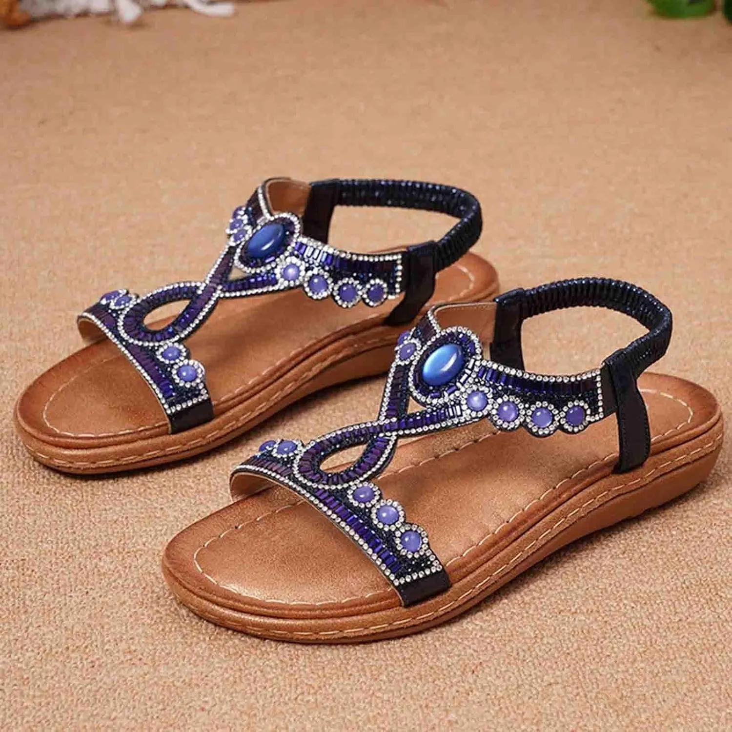 Bohemian Sandals for Women T-Strap Beaded Flower Rhinestone Flat Sandal Dress Beach Shoes Hiking Workout Shoe Summer Y2K Dressy