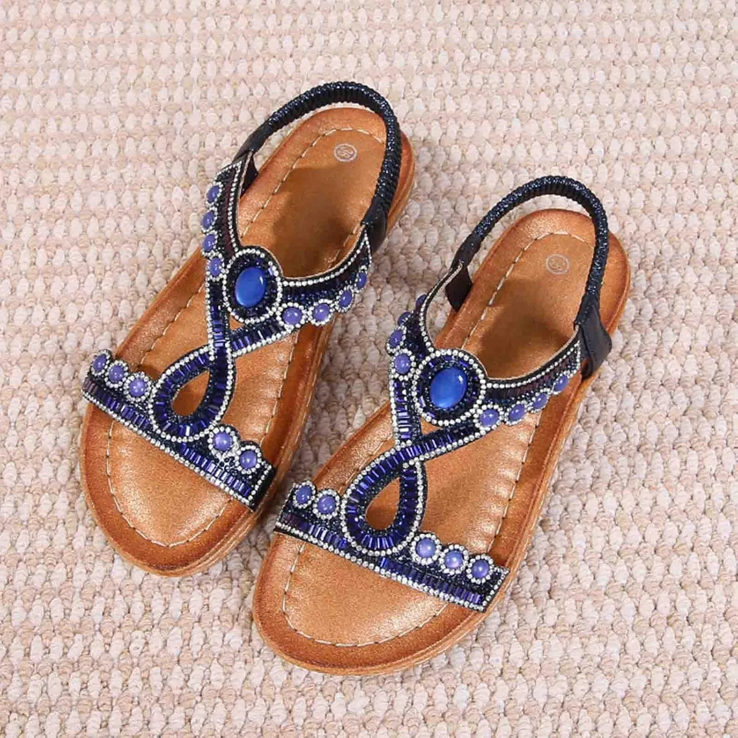 Bohemian Sandals for Women T-Strap Beaded Flower Rhinestone Flat Sandal Dress Beach Shoes Hiking Workout Shoe Summer Y2K Dressy