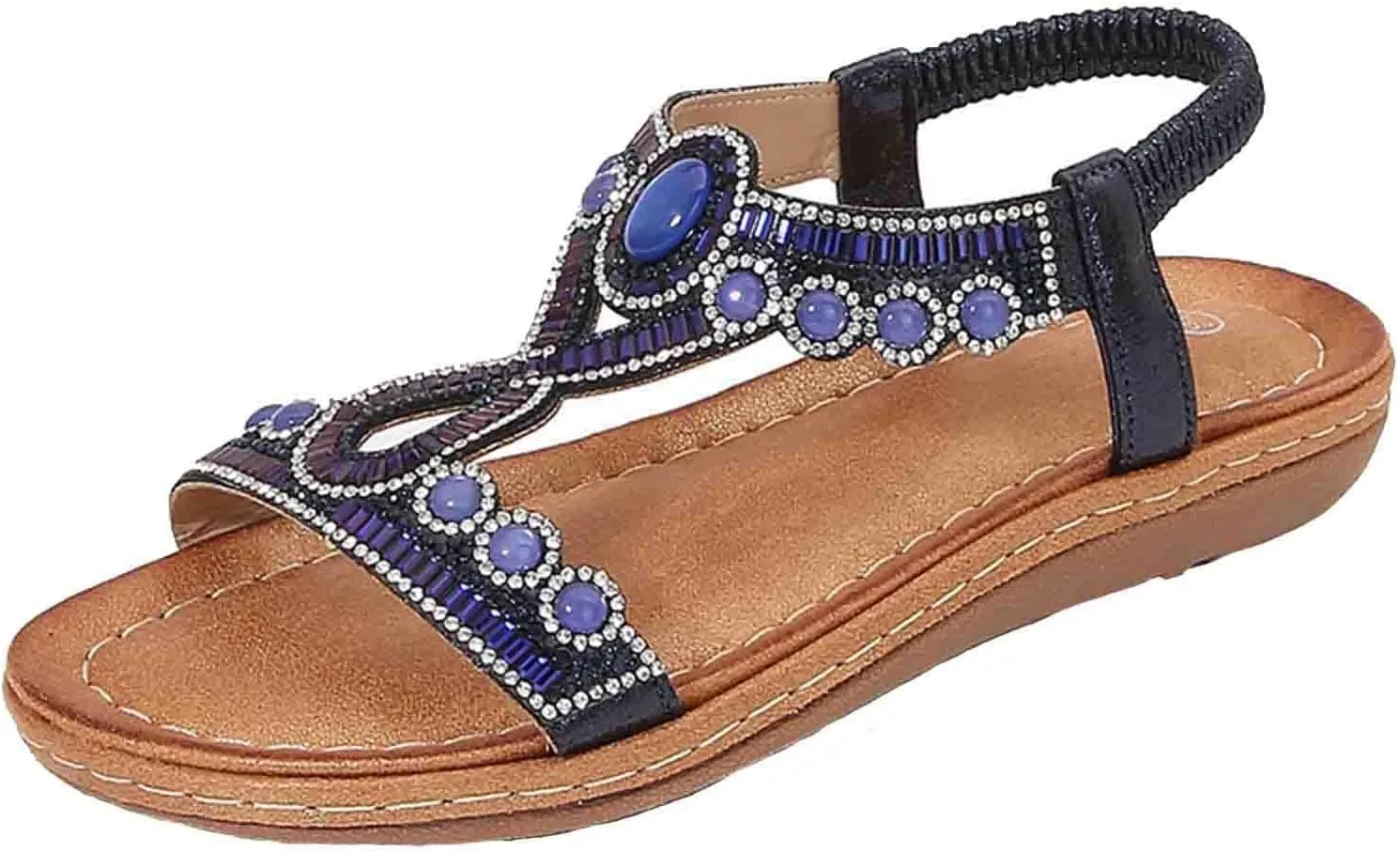 Bohemian Sandals for Women T-Strap Beaded Flower Rhinestone Flat Sandal Dress Beach Shoes Hiking Workout Shoe Summer Y2K Dressy