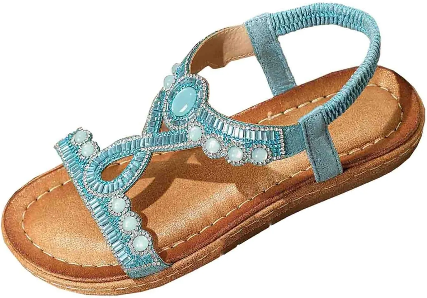 Bohemian Sandals for Women T-Strap Beaded Flower Rhinestone Flat Sandal Dress Beach Shoes Hiking Workout Shoe Summer Y2K Dressy