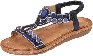 Bohemian Sandals for Women T-Strap Beaded Flower Rhinestone Flat Sandal Dress Beach Shoes Hiking Workout Shoe Summer Y2K Dressy