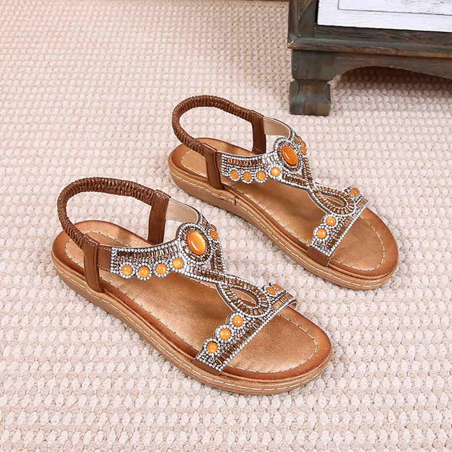 Bohemian Sandals for Women T-Strap Beaded Flower Rhinestone Flat Sandal Dress Beach Shoes Hiking Workout Shoe Summer Y2K Dressy