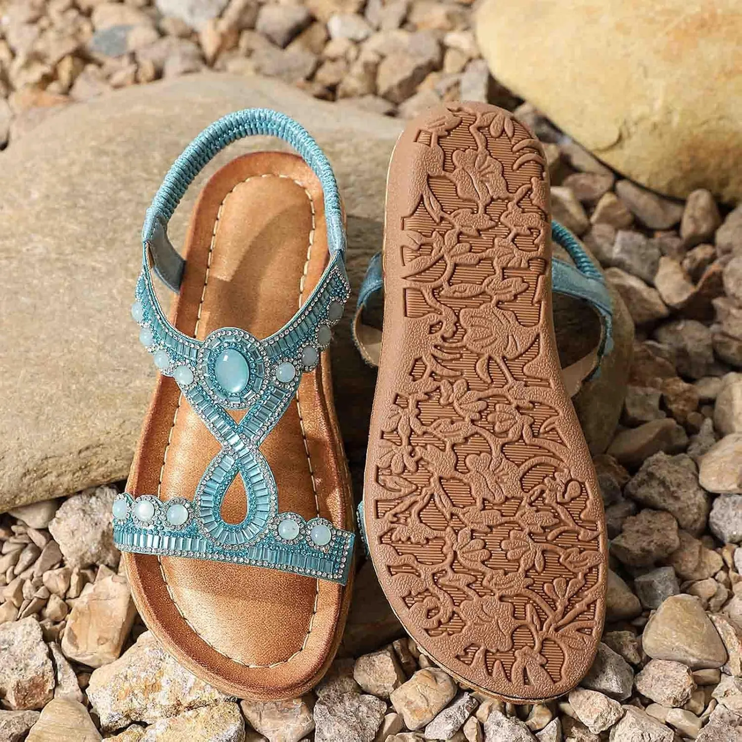 Bohemian Sandals for Women T-Strap Beaded Flower Rhinestone Flat Sandal Dress Beach Shoes Hiking Workout Shoe Summer Y2K Dressy