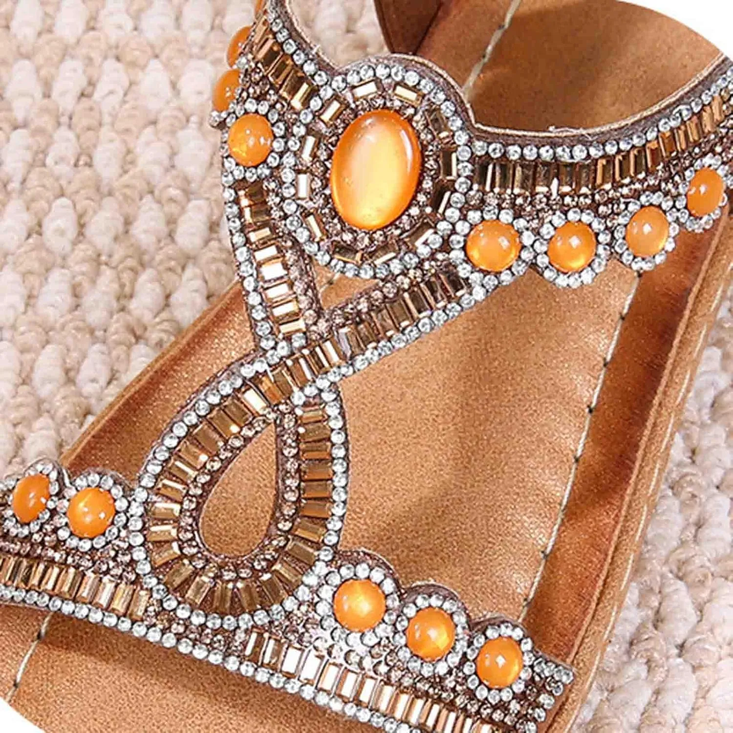 Bohemian Sandals for Women T-Strap Beaded Flower Rhinestone Flat Sandal Dress Beach Shoes Hiking Workout Shoe Summer Y2K Dressy