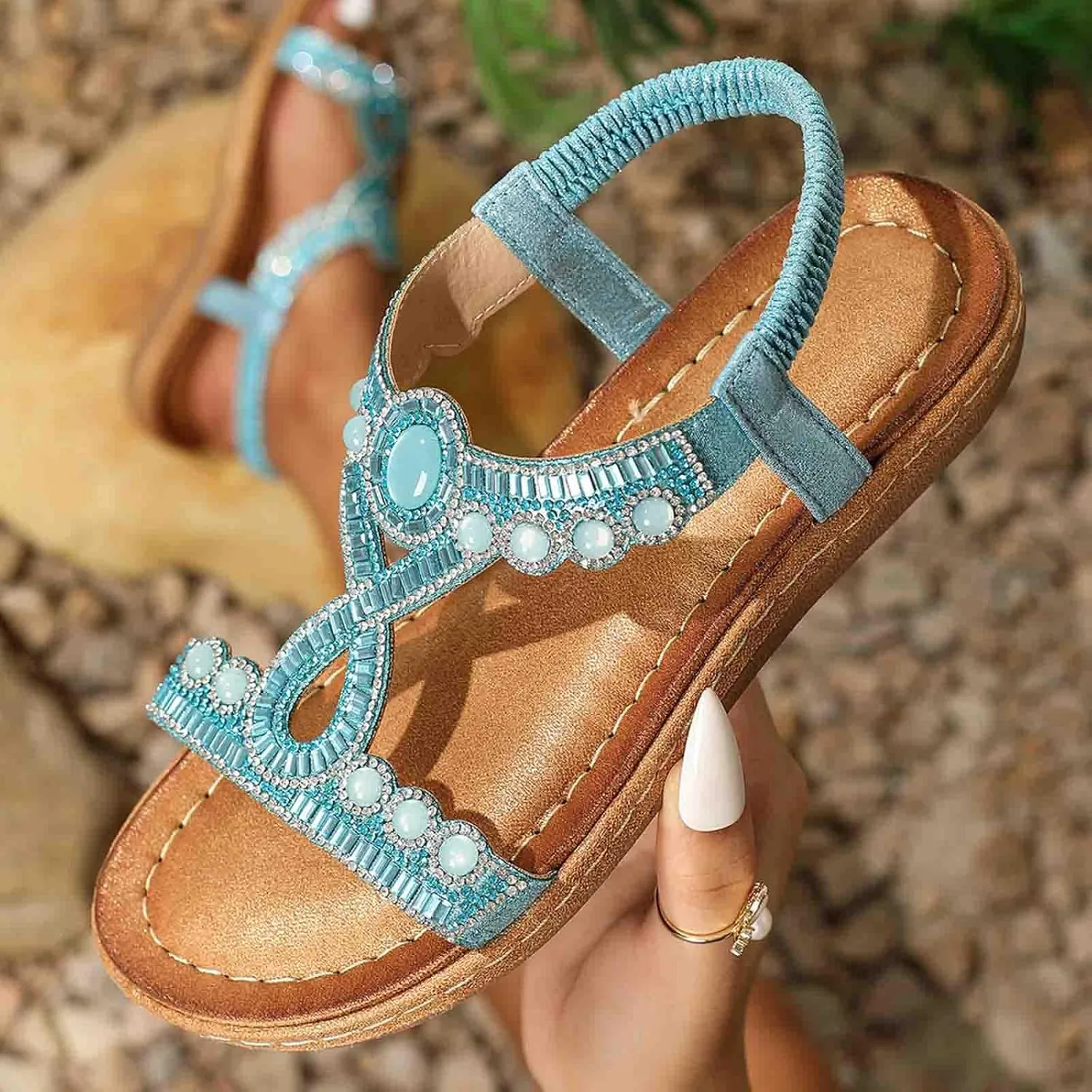 Bohemian Sandals for Women T-Strap Beaded Flower Rhinestone Flat Sandal Dress Beach Shoes Hiking Workout Shoe Summer Y2K Dressy