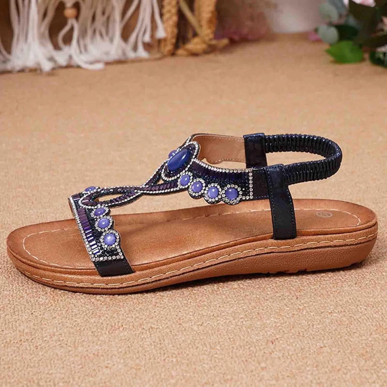 Bohemian Sandals for Women T-Strap Beaded Flower Rhinestone Flat Sandal Dress Beach Shoes Hiking Workout Shoe Summer Y2K Dressy