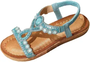Bohemian Sandals for Women T-Strap Beaded Flower Rhinestone Flat Sandal Dress Beach Shoes Hiking Workout Shoe Summer Y2K Dressy