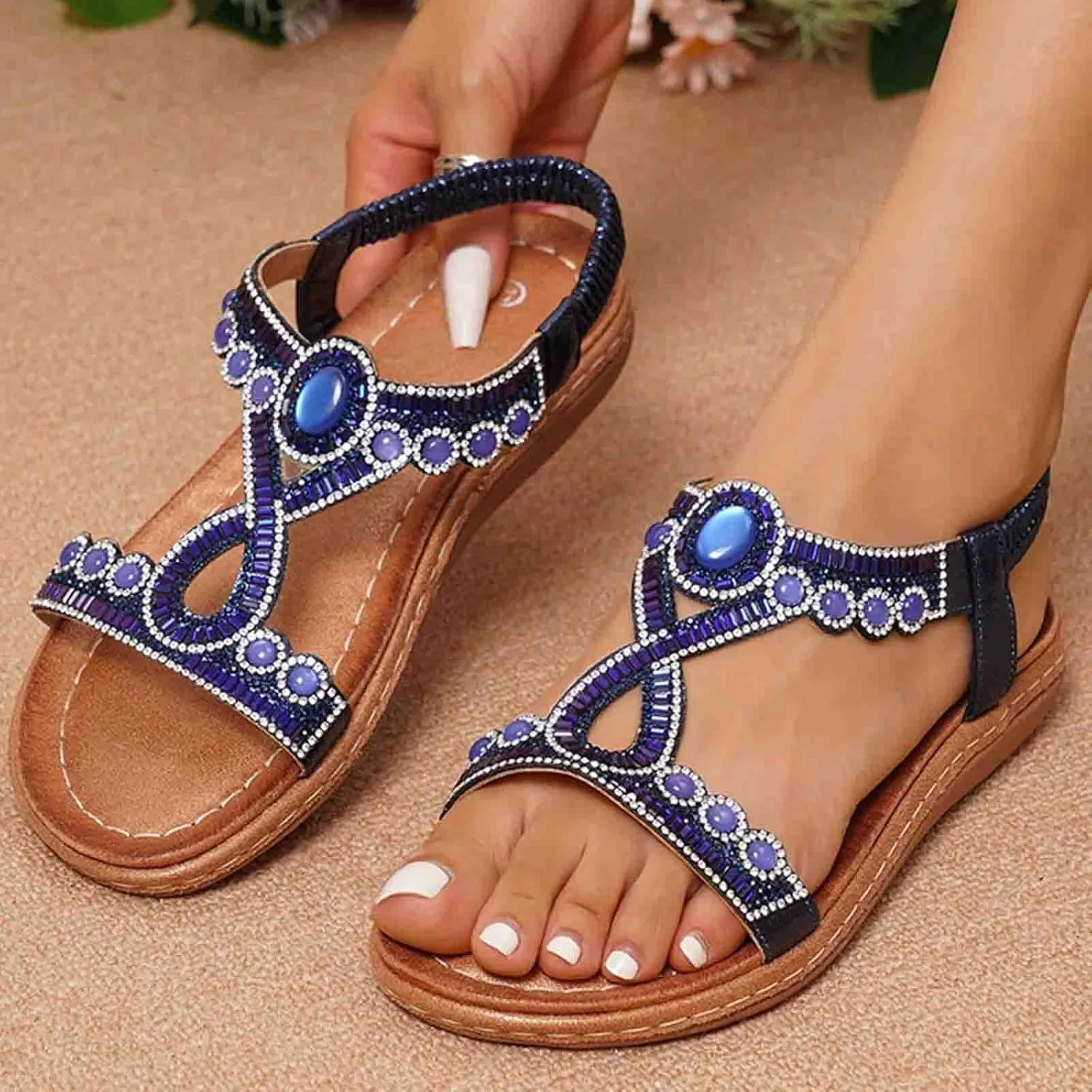 Bohemian Sandals for Women T-Strap Beaded Flower Rhinestone Flat Sandal Dress Beach Shoes Hiking Workout Shoe Summer Y2K Dressy