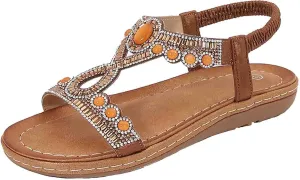 Bohemian Sandals for Women T-Strap Beaded Flower Rhinestone Flat Sandal Dress Beach Shoes Hiking Workout Shoe Summer Y2K Dressy