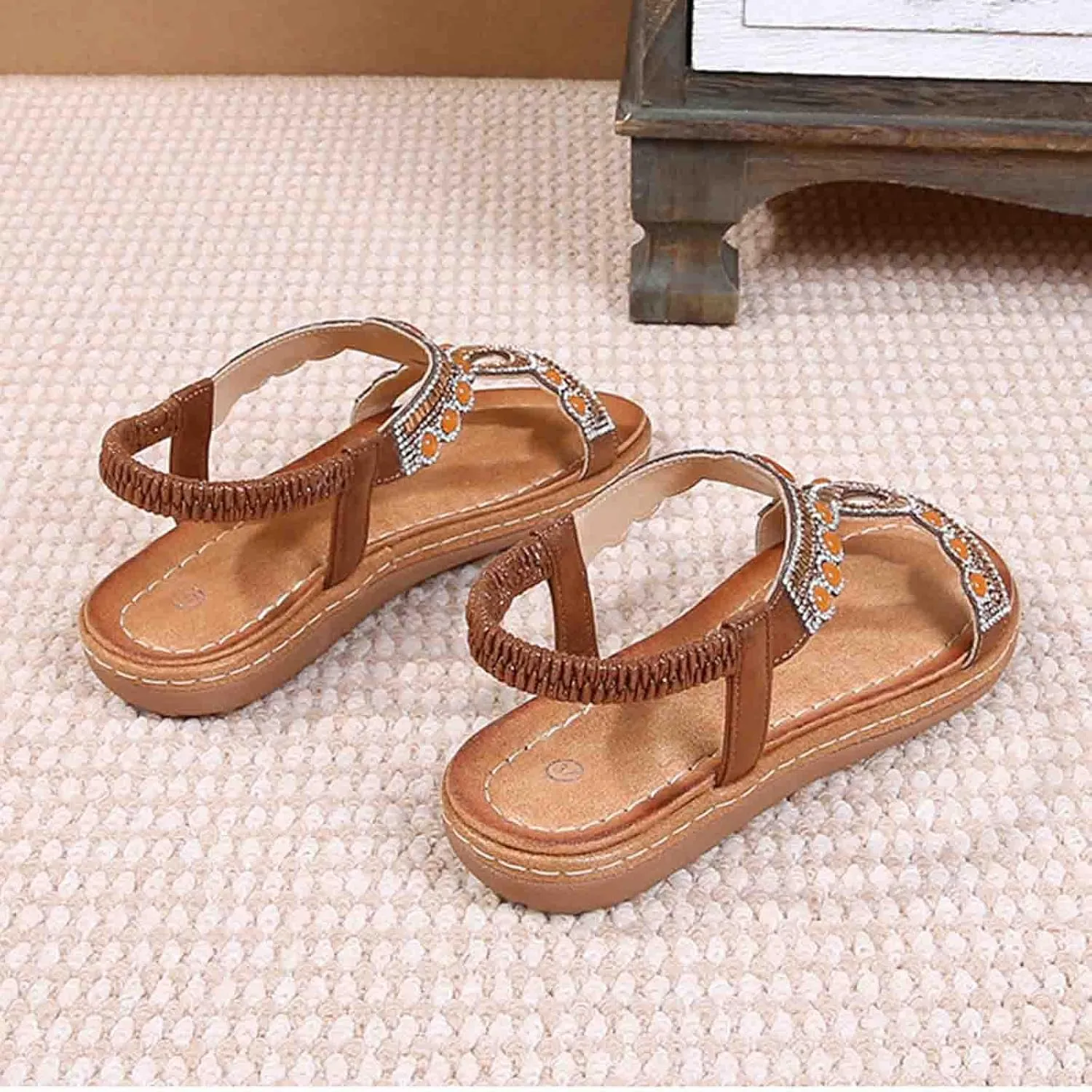Bohemian Sandals for Women T-Strap Beaded Flower Rhinestone Flat Sandal Dress Beach Shoes Hiking Workout Shoe Summer Y2K Dressy