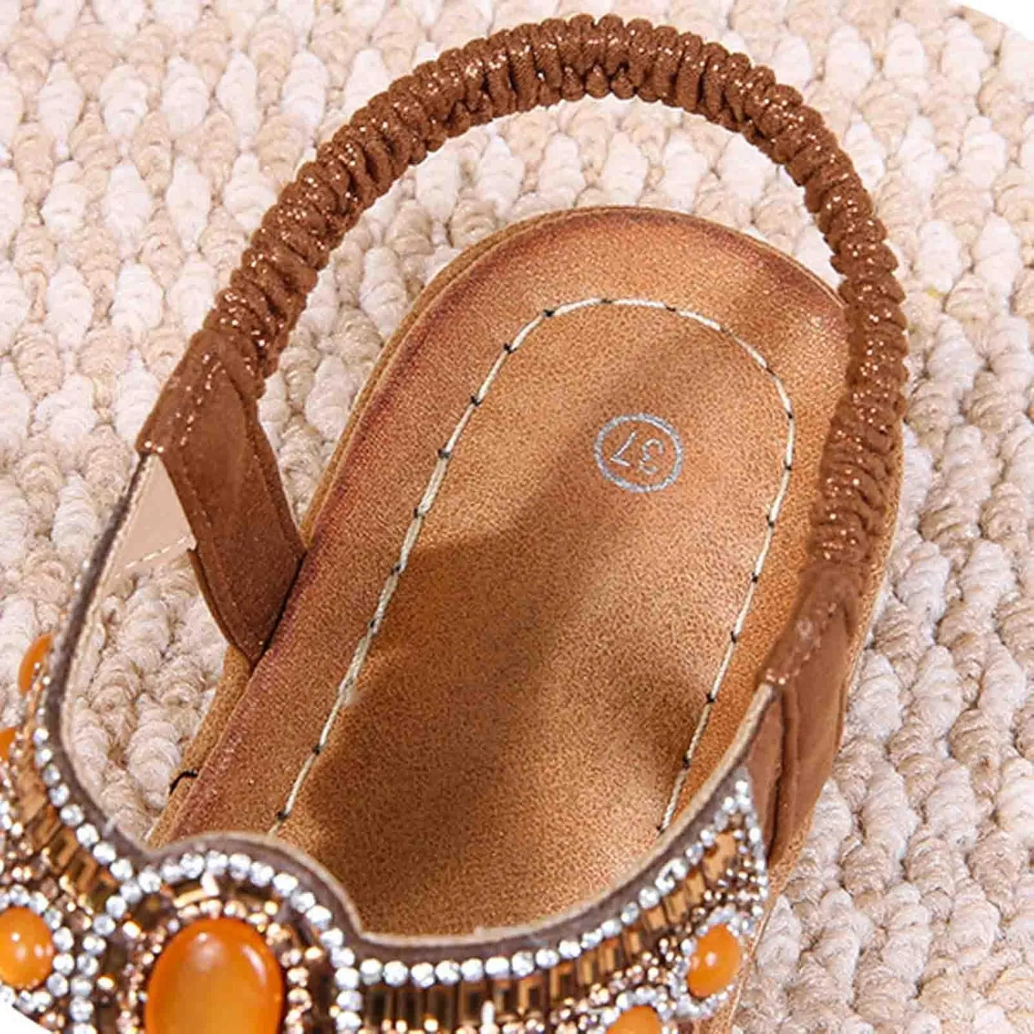Bohemian Sandals for Women T-Strap Beaded Flower Rhinestone Flat Sandal Dress Beach Shoes Hiking Workout Shoe Summer Y2K Dressy