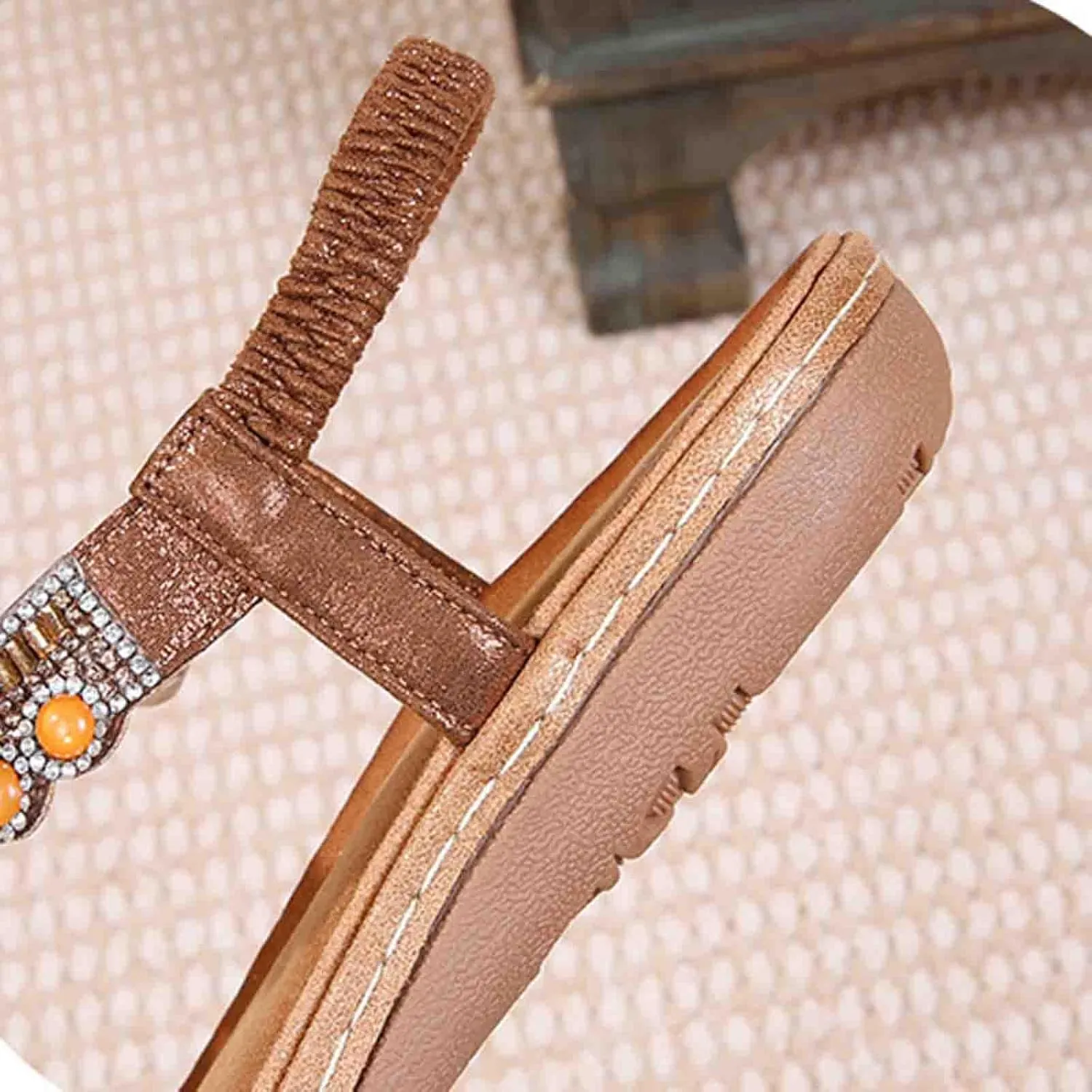 Bohemian Sandals for Women T-Strap Beaded Flower Rhinestone Flat Sandal Dress Beach Shoes Hiking Workout Shoe Summer Y2K Dressy