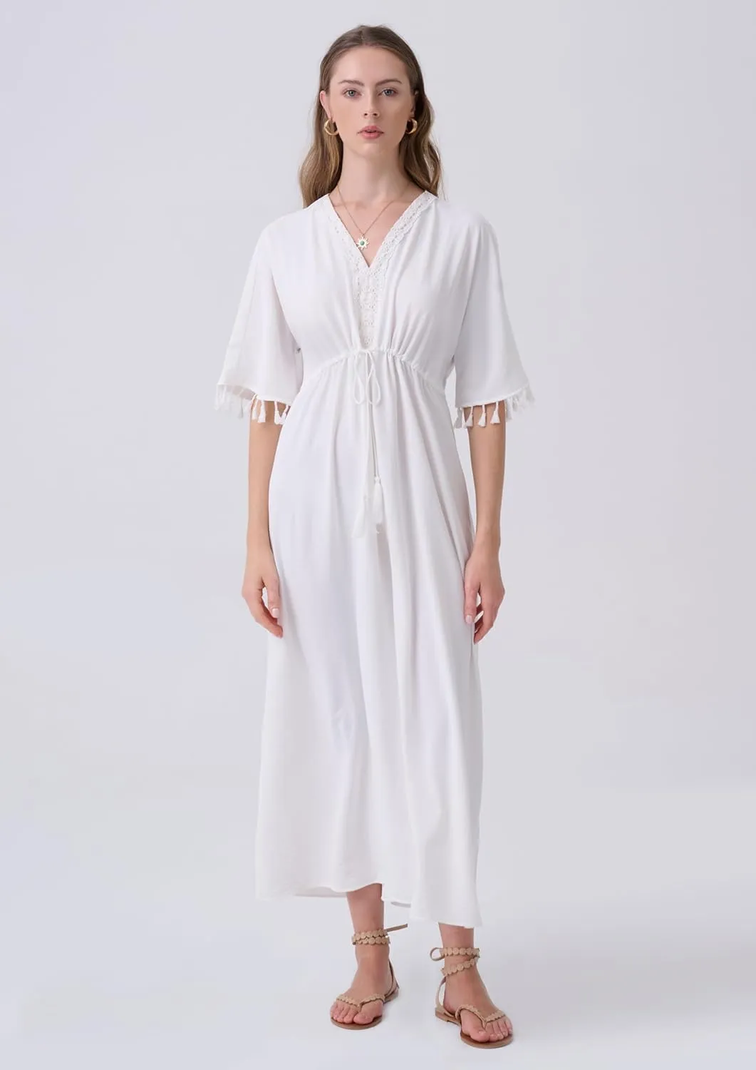 Boho Maxi Dress Lace V Neck Dress for Women 2024 Summer Tassel Short Sleeve Dress Drawstring Waist