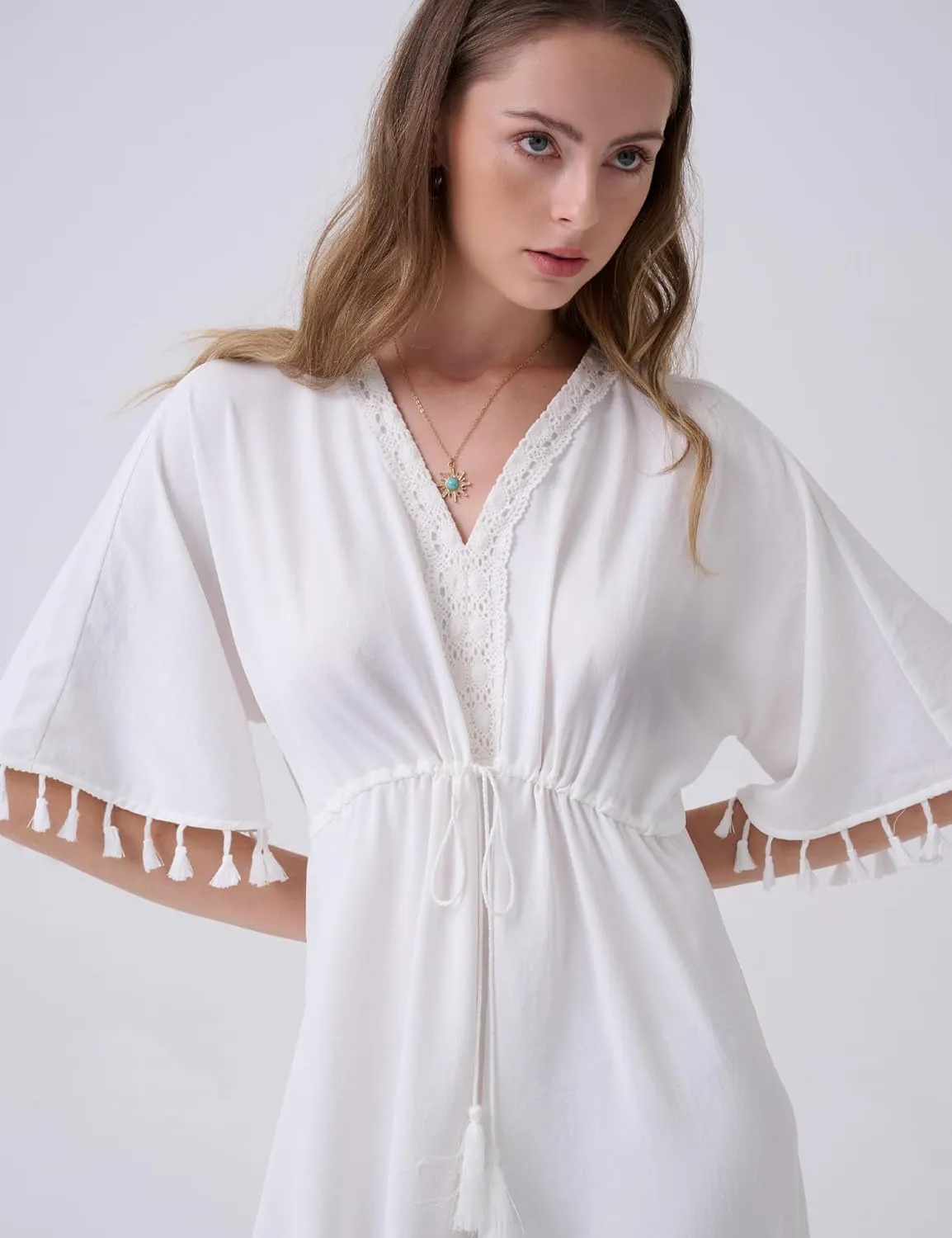 Boho Maxi Dress Lace V Neck Dress for Women 2024 Summer Tassel Short Sleeve Dress Drawstring Waist