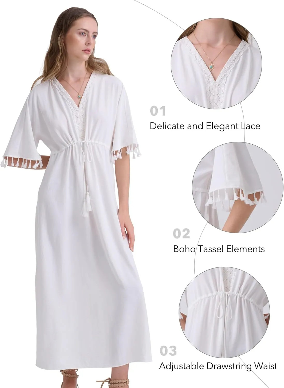 Boho Maxi Dress Lace V Neck Dress for Women 2024 Summer Tassel Short Sleeve Dress Drawstring Waist
