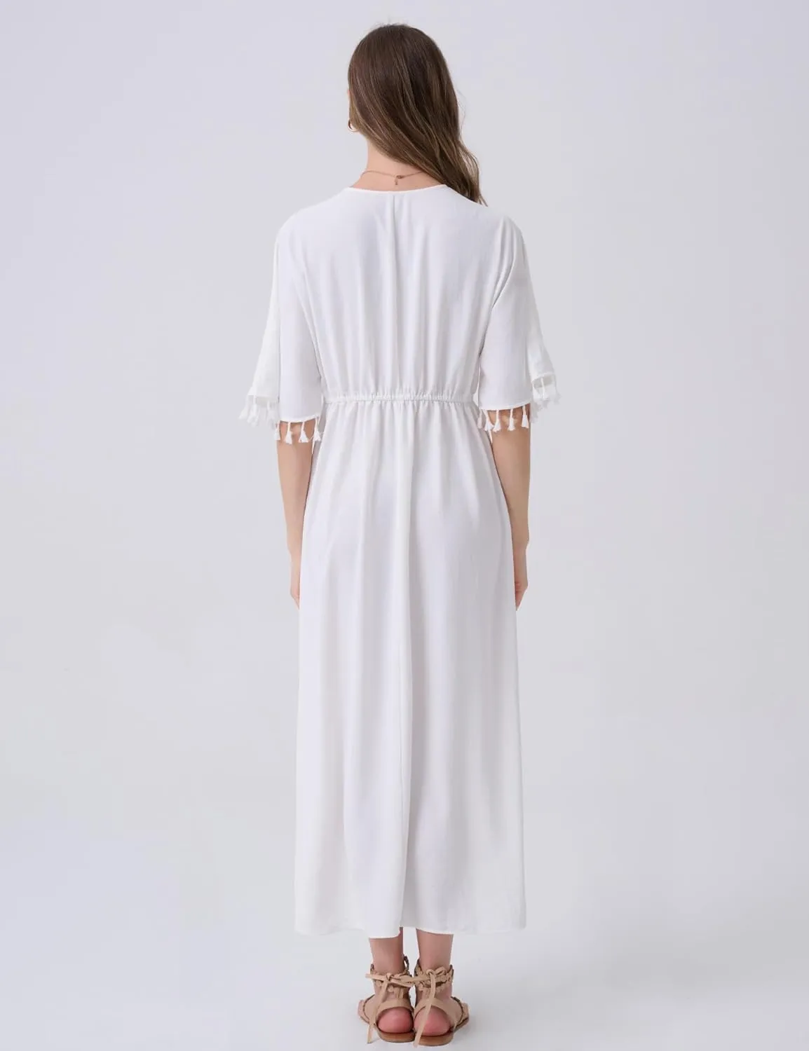 Boho Maxi Dress Lace V Neck Dress for Women 2024 Summer Tassel Short Sleeve Dress Drawstring Waist