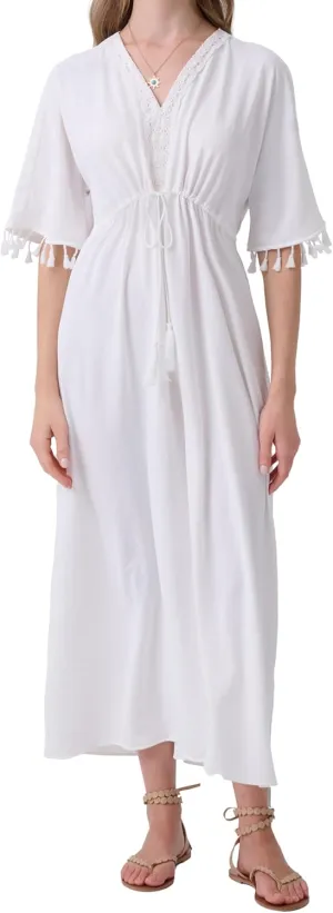 Boho Maxi Dress Lace V Neck Dress for Women 2024 Summer Tassel Short Sleeve Dress Drawstring Waist