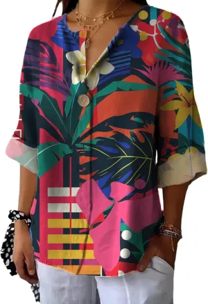 Boho Tops for Women Summer Lightweight Hawaii Trendy Shirts Button Dressy Flowy Blouse Long Sleeve Going Out Outfits