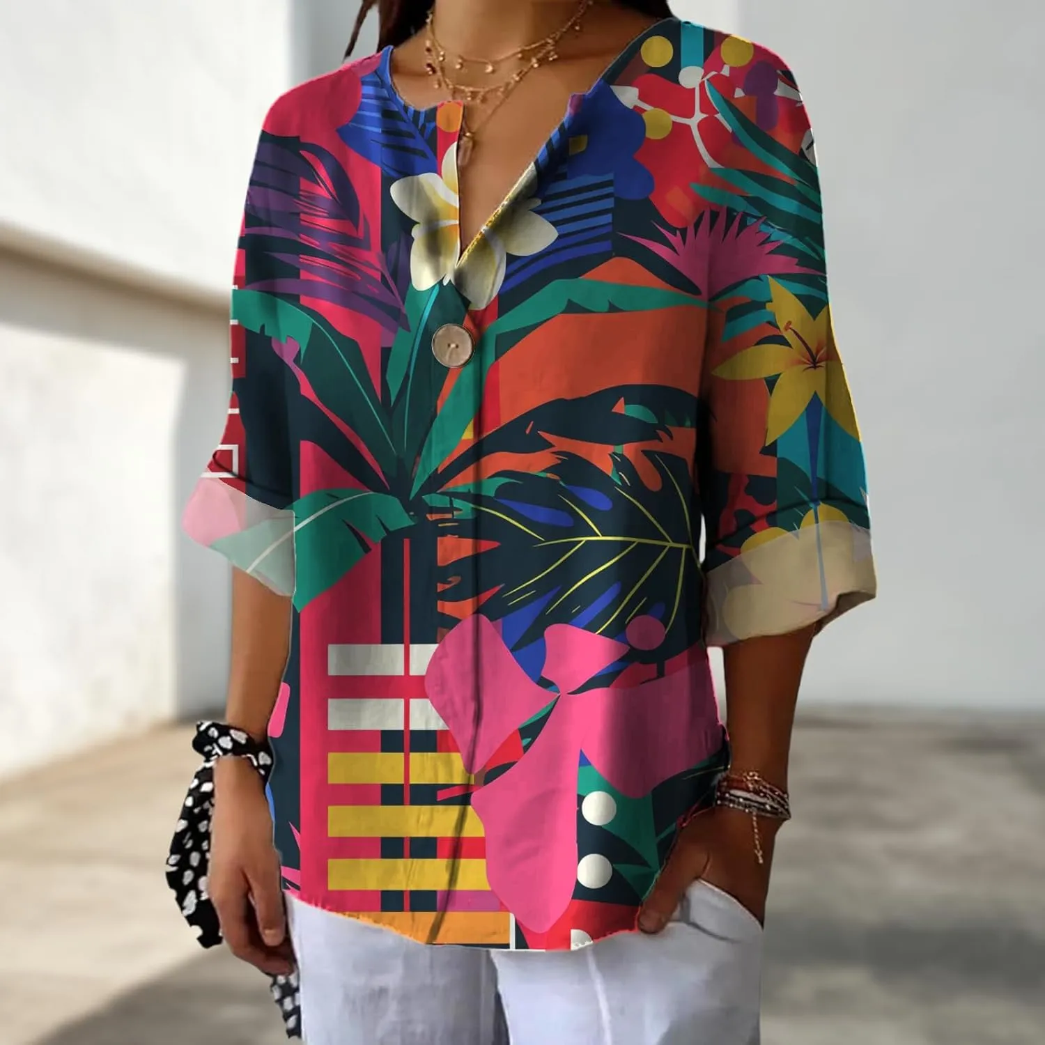 Boho Tops for Women Summer Lightweight Hawaii Trendy Shirts Button Dressy Flowy Blouse Long Sleeve Going Out Outfits
