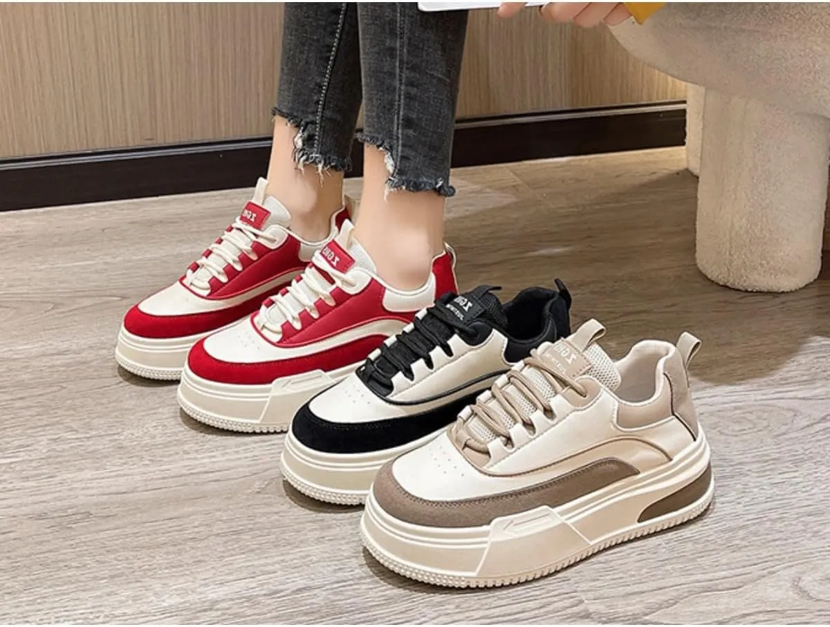 Bold Chunky Trendy Sneakers for Women – Retro Color Block Kicks with All-Day Comfort – Elevate Your Casual Style in Red, Black, or Beige