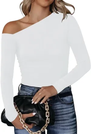 BONITEE Women's Sexy One Off The Shoulder Tops Asymmetrical Neck Clothes Long Sleeve Shirt Slim Going Out Top
